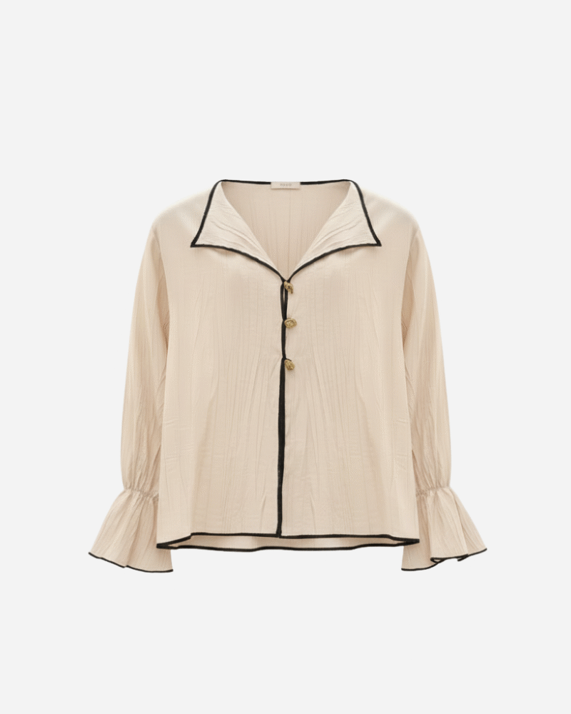 Kontrast Biyeli Düğmeli Dokulu Bluz