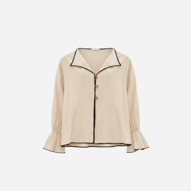 Kontrast Biyeli Düğmeli Dokulu Bluz