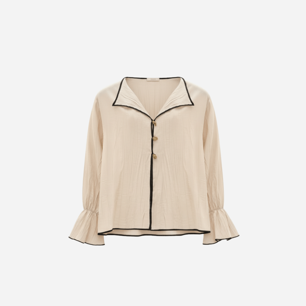 Kontrast Biyeli Düğmeli Dokulu Bluz